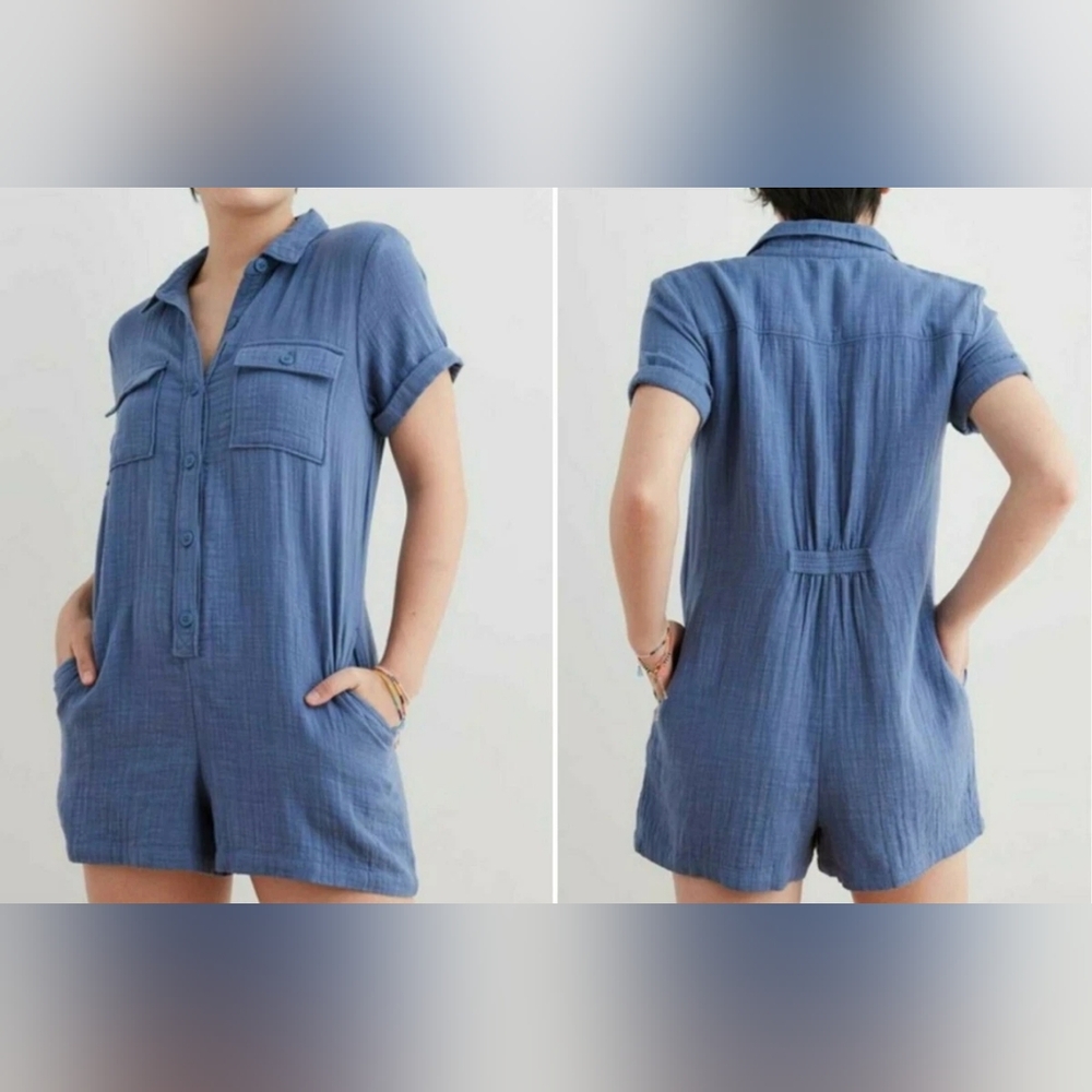 Aerie - Collared Softest Utility Relaxed Romper | Small | Marble Blue - Picture 3 of 6